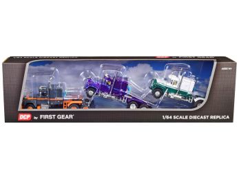 Mack R Sleeper Trio Set of 3 Truck Tractors in Gray Purple and Green 1/64 Diecast Models by DCP/First Gear